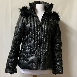 Womens Grey/Black Down Feather Puffer Ski Snow Shiny Jacket US L Faux Fur Trim